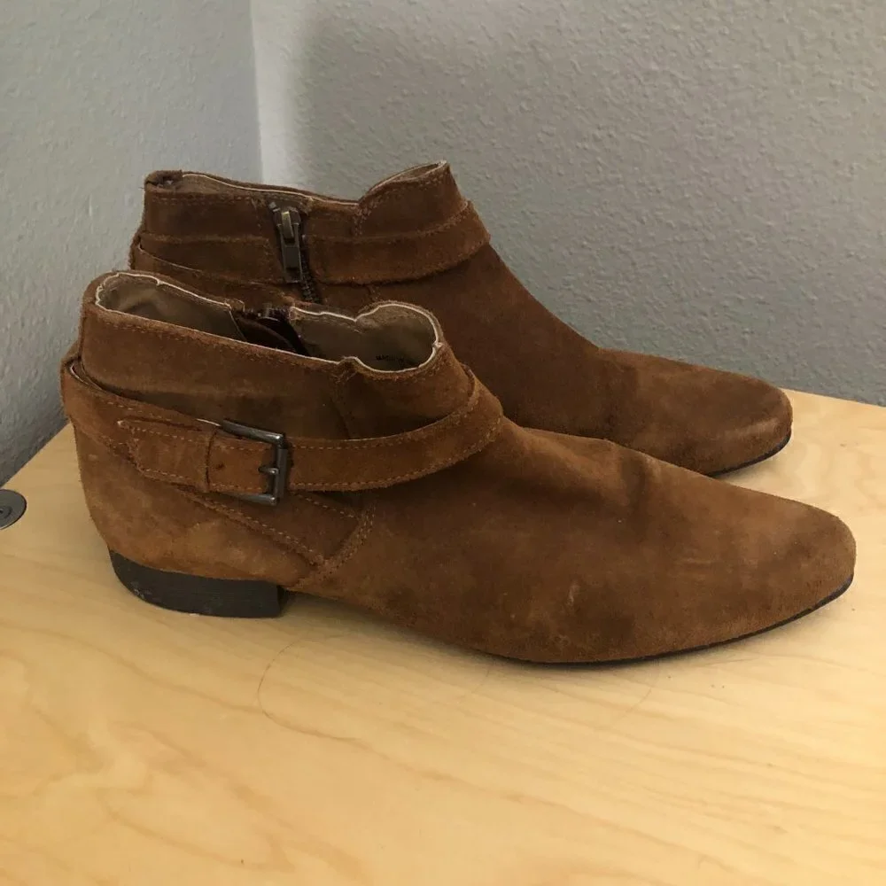 Asos Suede Buckle Ankle Zip Booties Men's size 9 Tan Brown Pointed Toe Moto